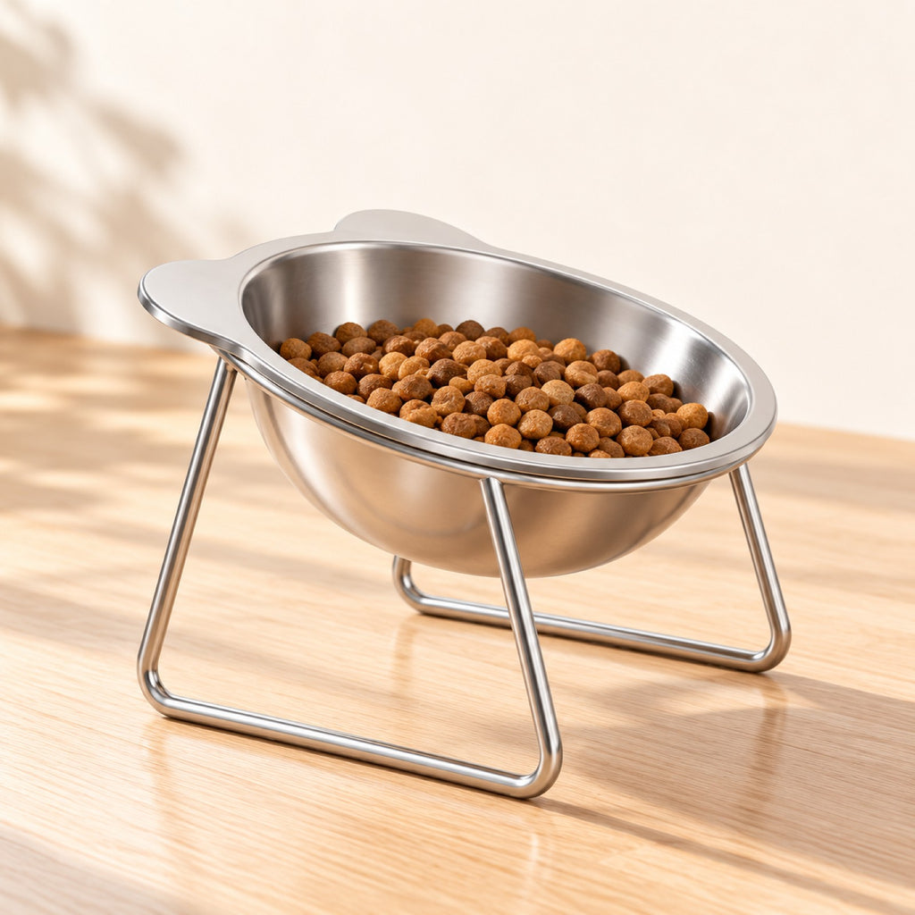 Ivalory tilted stainless steel bowl with kibble on a wire stand