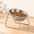 Ivalory tilted stainless steel bowl with kibble on a wire stand