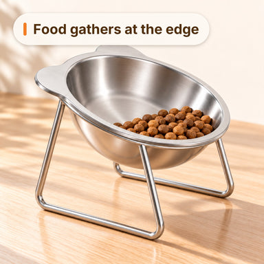 Kibble gathering at the low front edge of the tilted bowl