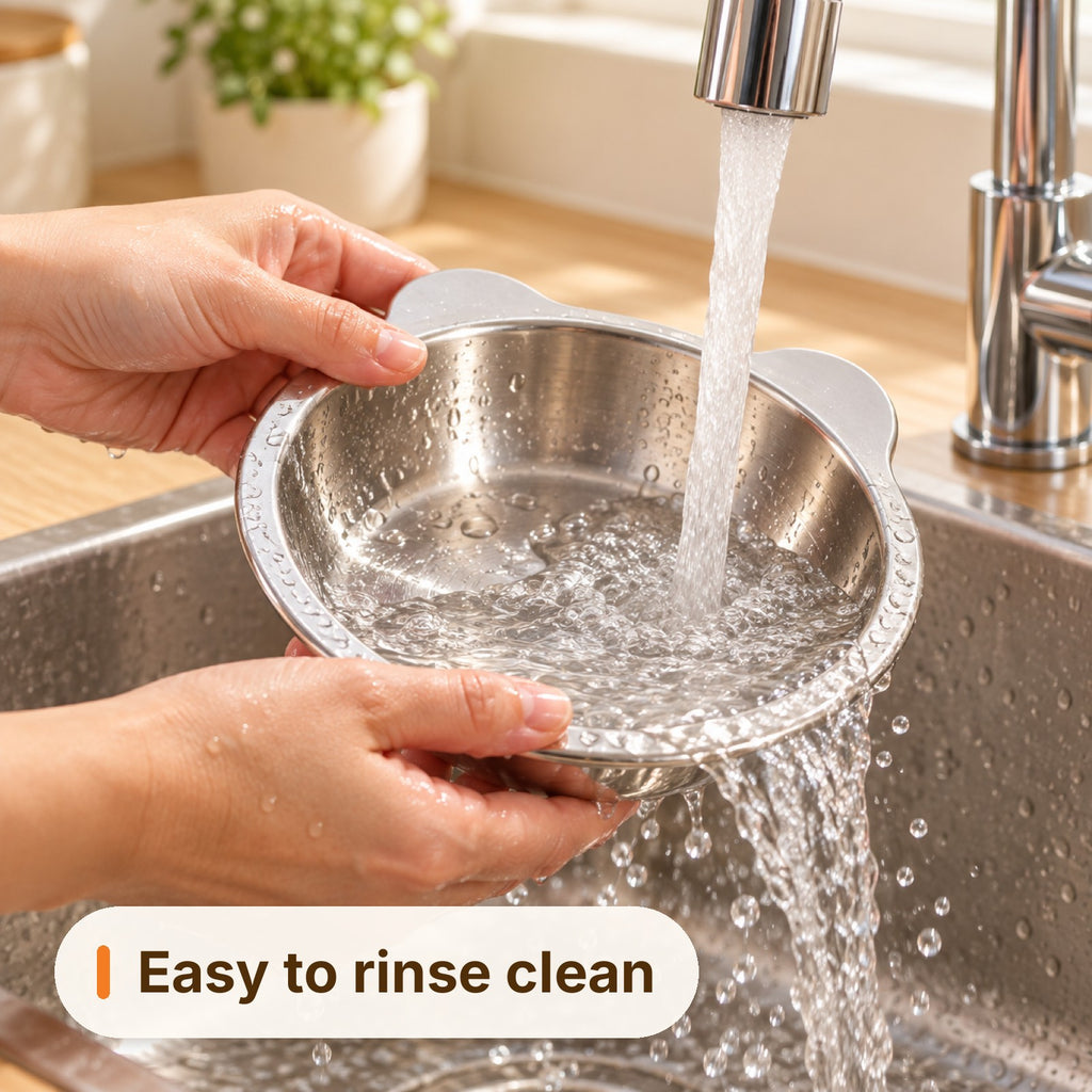 Rinsing the stainless steel bowl under a kitchen faucet