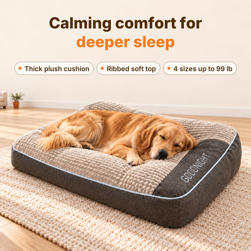 Golden retriever asleep on the Ivalory plush cushion dog bed