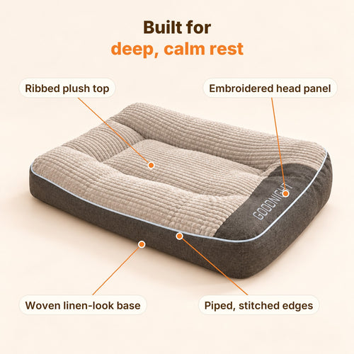Ivalory dog bed features: ribbed plush top, embroidered head panel, piped edges, woven base