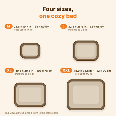 Ivalory dog bed sizes M, L, XL and XXL with dimensions and pet weights
