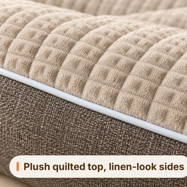 Close-up of the ribbed plush top and woven base of the Ivalory dog bed