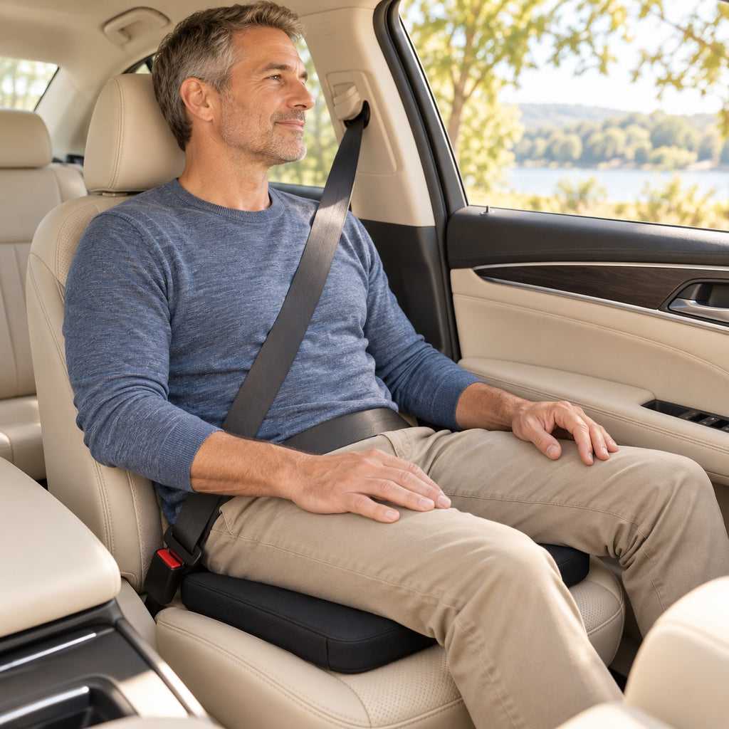 Covered gel cushion on a passenger seat in a parked car