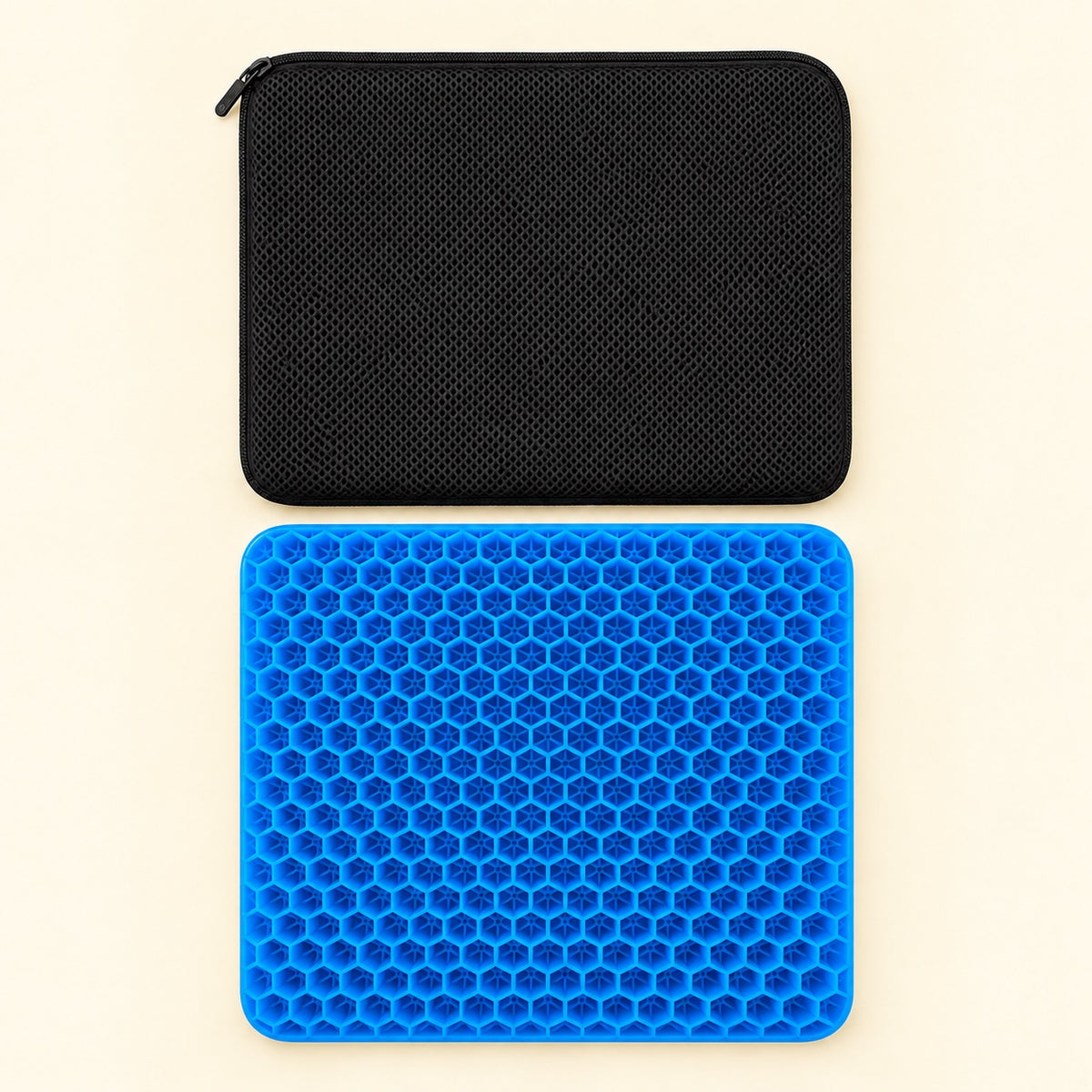 Top-down view of the rectangular gel cushion with four straight sides and rounded corners