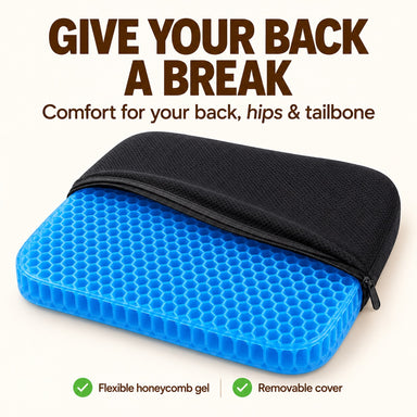 Gel cushion with straight sides and rounded corners; flexible honeycomb gel and removable cover