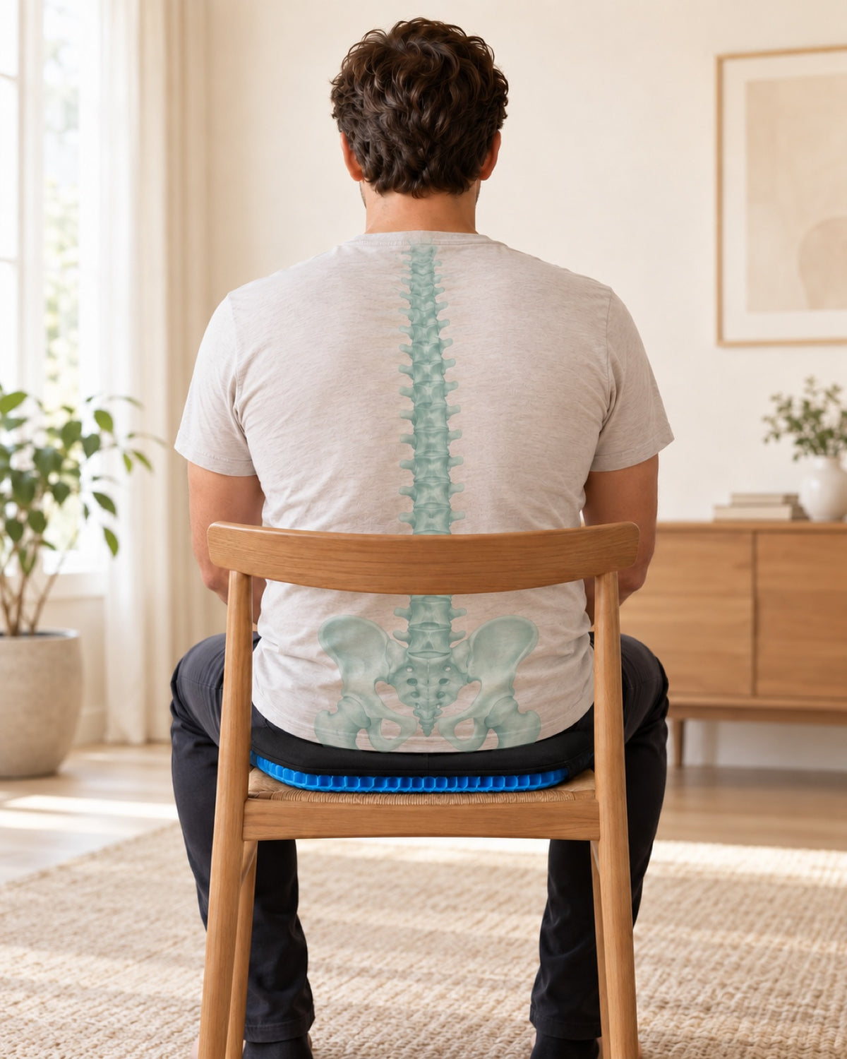 Illustrated seated posture with the Ivalory gel cushion