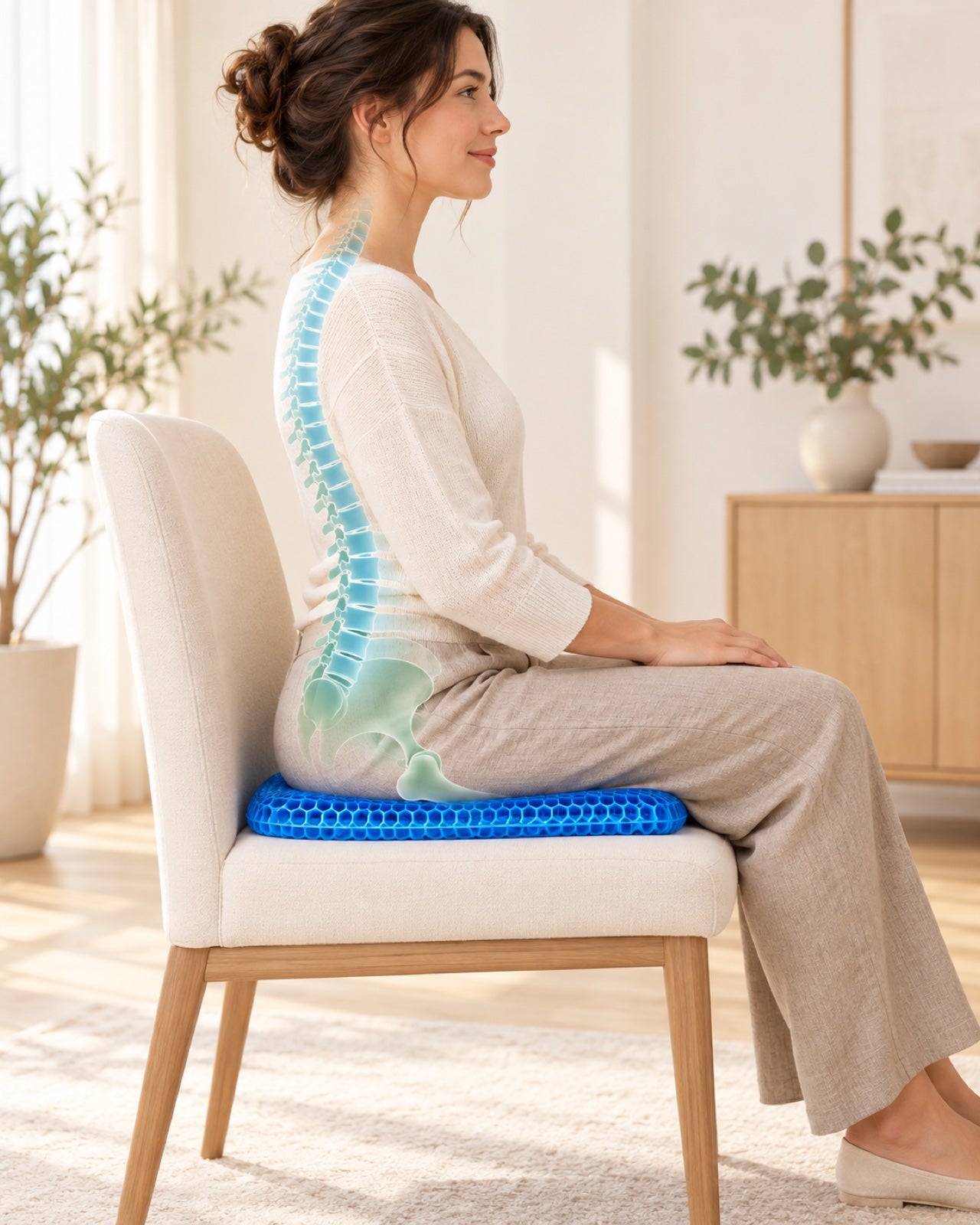 Illustration of seated support with the blue honeycomb gel cushion