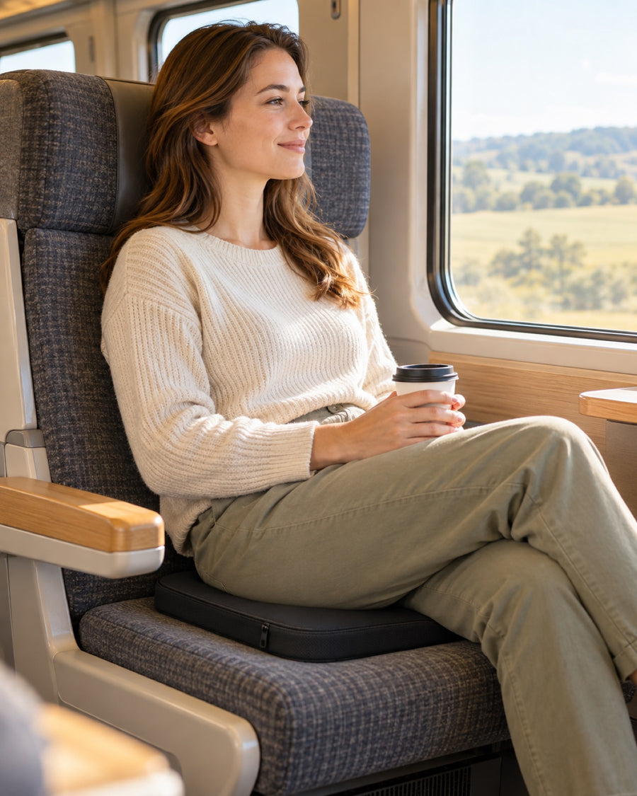 Passenger sitting on the covered gel cushion during a train trip