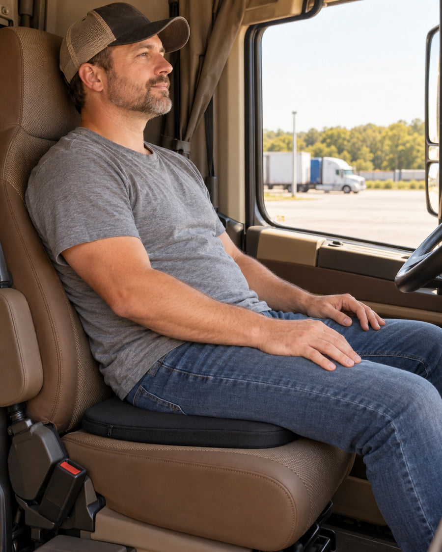 Driver sitting on the covered cushion in a parked truck