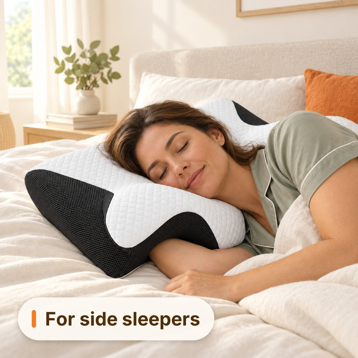 Woman sleeping on her side on the Ivalory Contour Relief Pillow