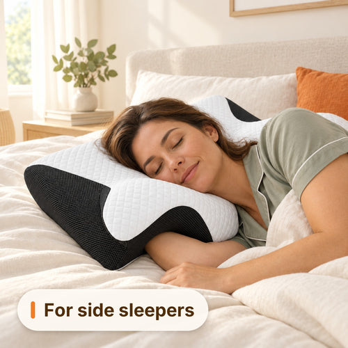 Woman sleeping on her side on the Ivalory Contour Relief Pillow