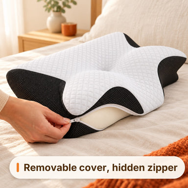 Hand unzipping the removable cover of the pillow