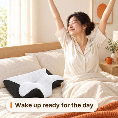 Woman stretching in bed in the morning next to the Ivalory Contour Relief Pillow